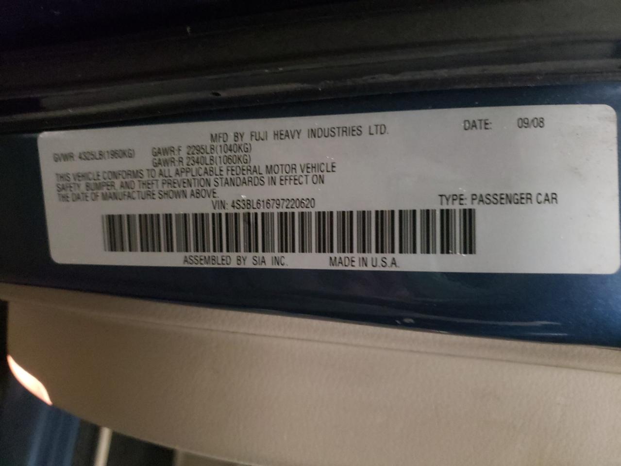 Photo 10 from auction – 2009 SUBARU LEGACY 2.5 with VIN 4S3BL616797220620