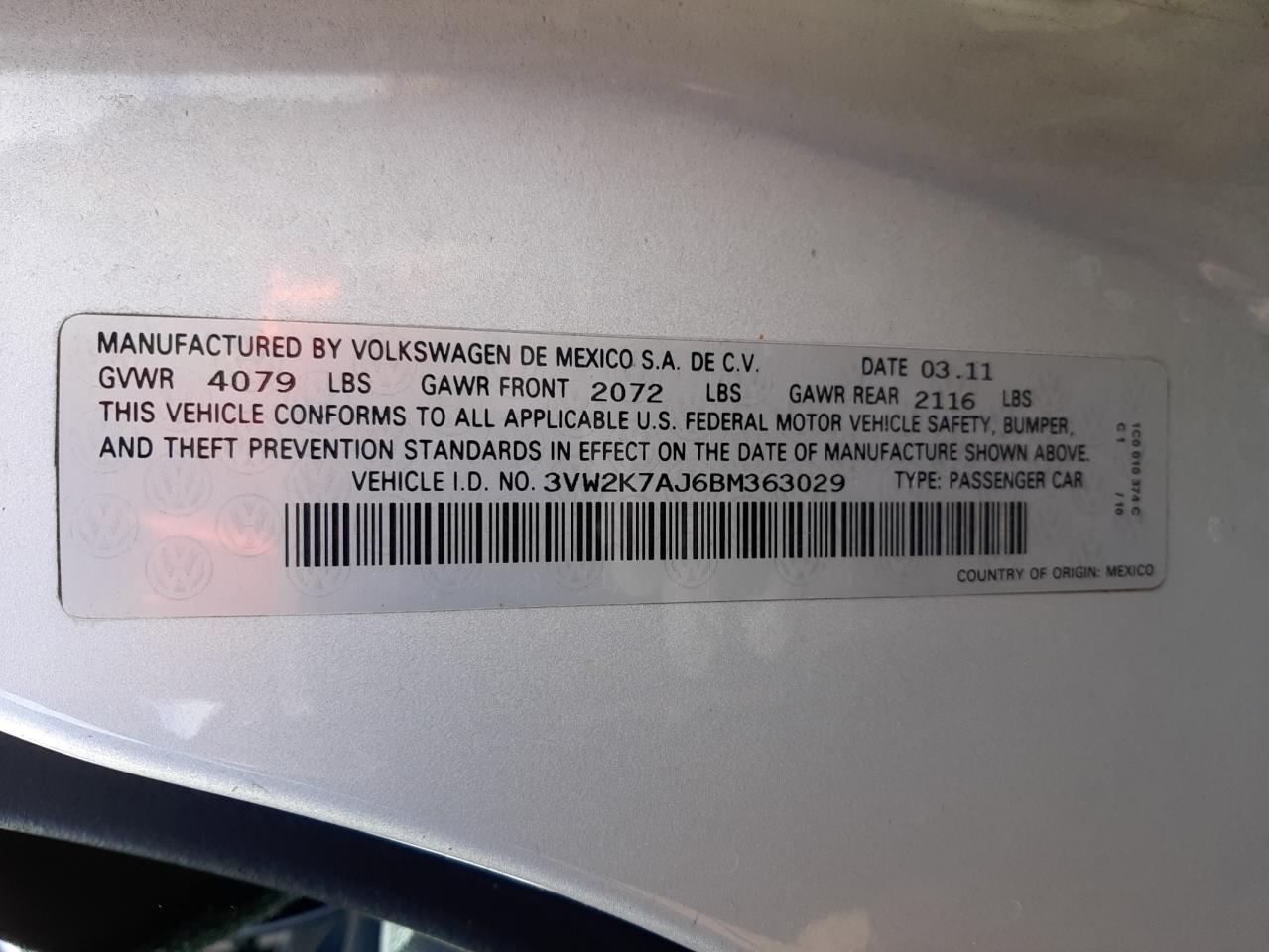 Photo 10 from auction – 2011 VOLKSWAGEN JETTA BASE with VIN 3VW2K7AJ6BM363029