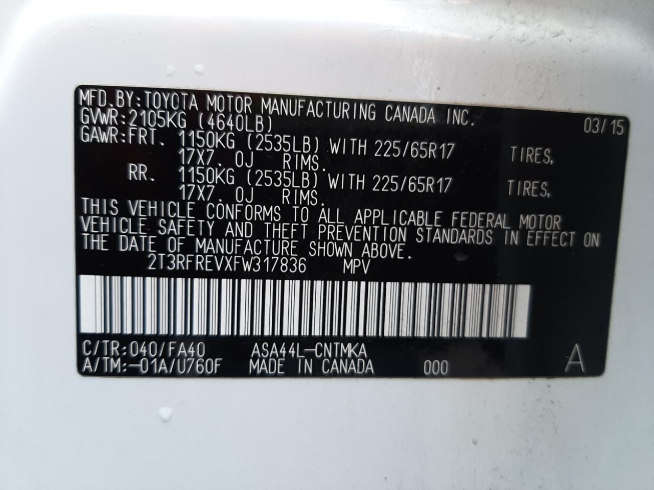 Photo 10 from auction – 2015 TOYOTA RAV4 XLE with VIN 2T3RFREVXFW317836