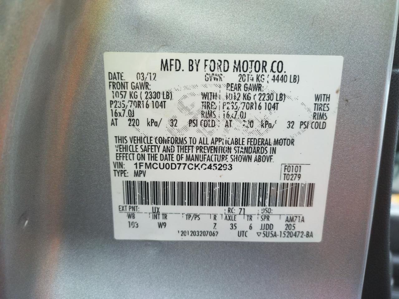 Photo 10 from auction – 2012 FORD ESCAPE XLT with VIN 1FMCU0D77CKC45293