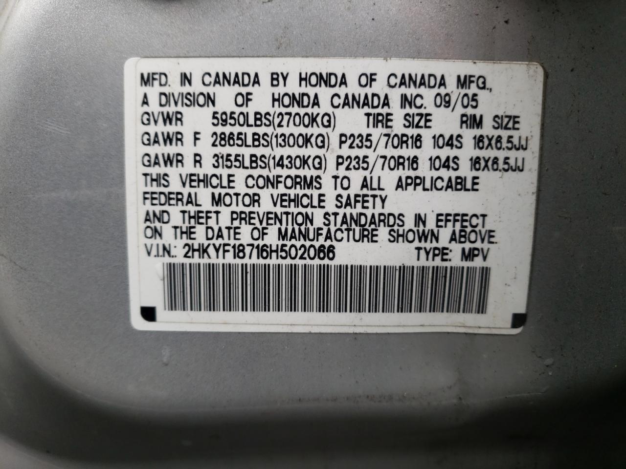 Photo 10 from auction – 2006 HONDA PILOT EX with VIN 2HKYF18716H502066