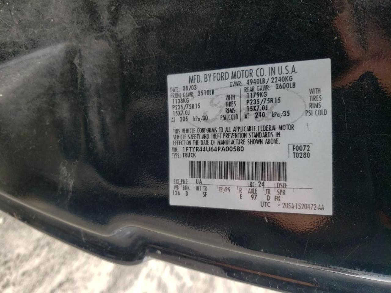 Photo 10 from auction – 2004 FORD RANGER SUP with VIN 1FTYR44U64PA00580