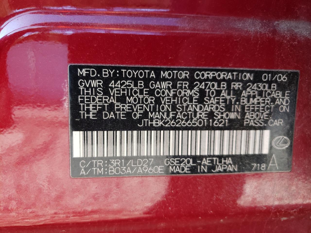 Zdjęcie 10 z aukcji – 2006 LEXUS IS 250 z VIN JTHBK262665011621