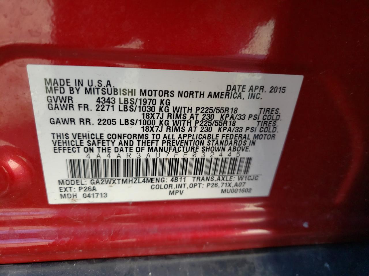 Photo 10 from auction – 2015 MITSUBISHI OUTLANDER with VIN 4A4AR3AU7FE032445