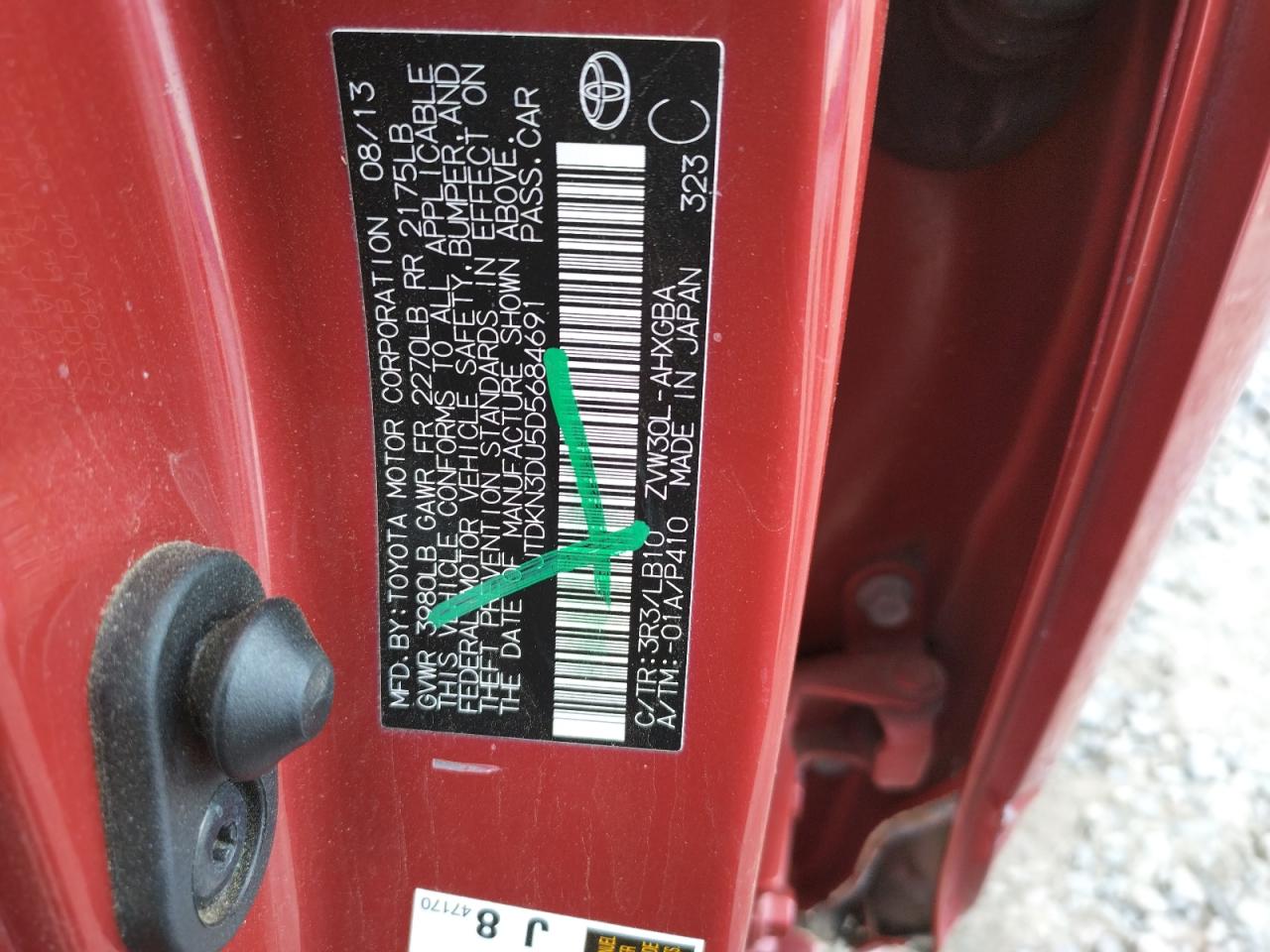 Photo 10 from auction – 2013 TOYOTA PRIUS with VIN JTDKN3DU5D5684691