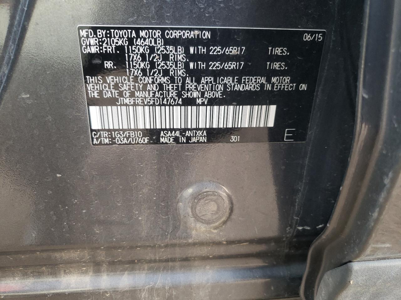 Photo 10 from auction – 2015 TOYOTA RAV4 LE with VIN JTMBFREV5FD147674