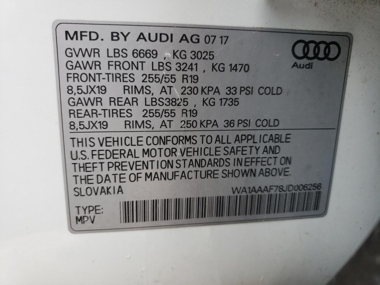 Photo 10 from auction – 2018 AUDI Q7 PREMIUM with VIN WA1AAAF78JD006256