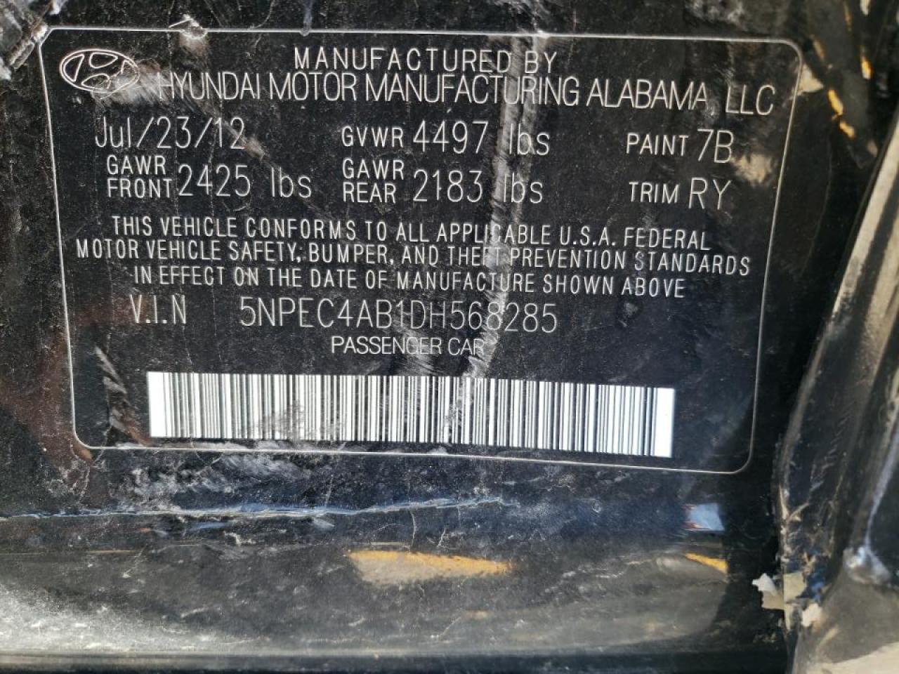 Photo 10 from auction – 2013 HYUNDAI SONATA SE with VIN 5NPEC4AB1DH568285