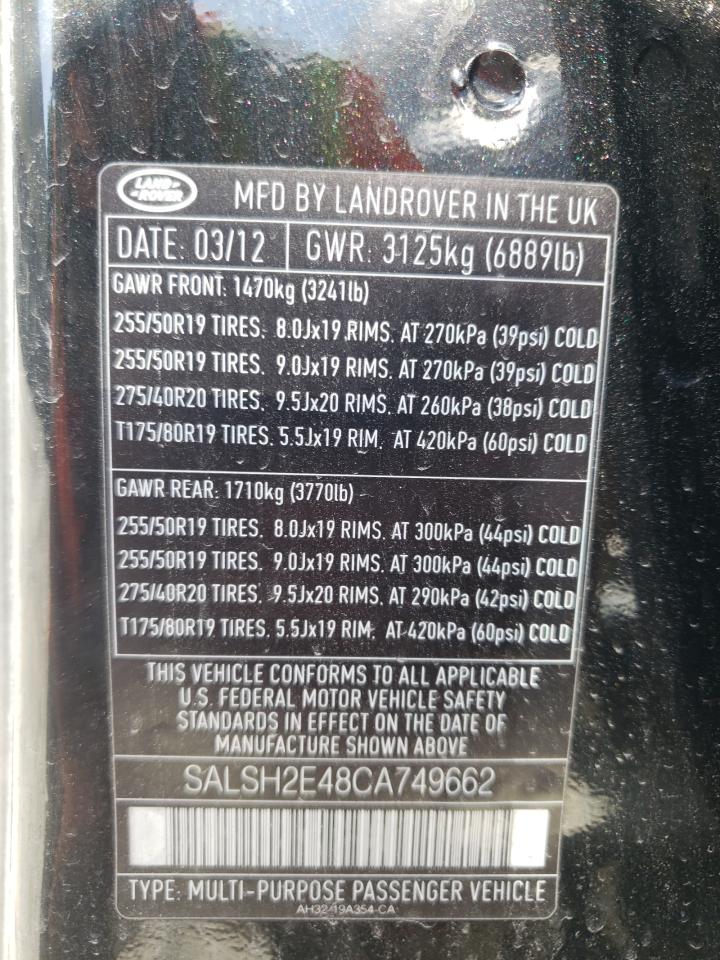 Photo 10 from auction – 2012 LAND ROVER RANGE ROVE with VIN SALSH2E48CA749662