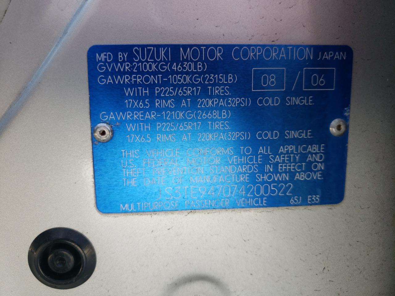 Photo 10 from auction – 2007 SUZUKI GRAND VITA with VIN JS3TE947074200522