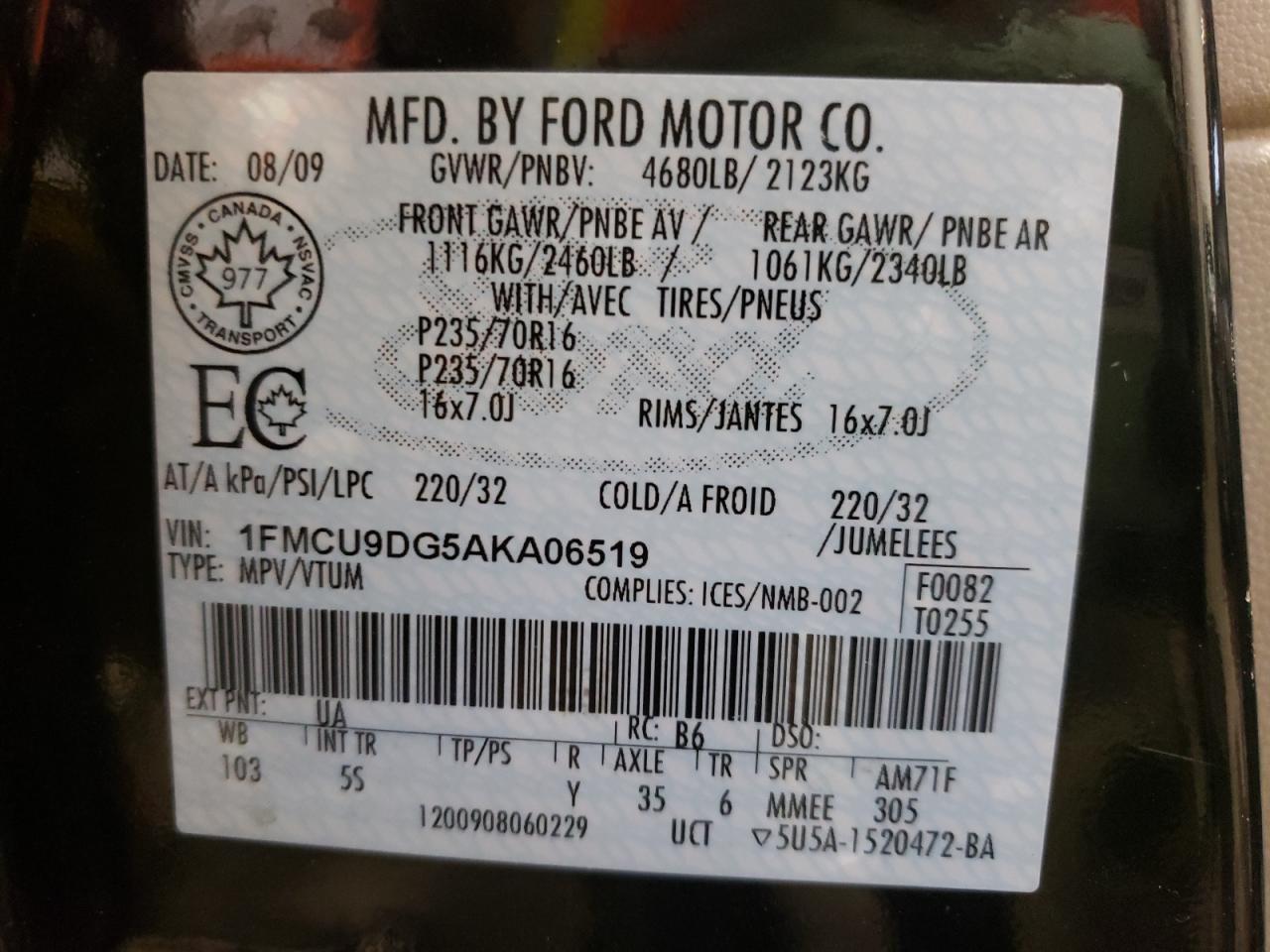 Photo 10 from auction – 2010 FORD ESCAPE XLT with VIN 1FMCU9DG5AKA06519