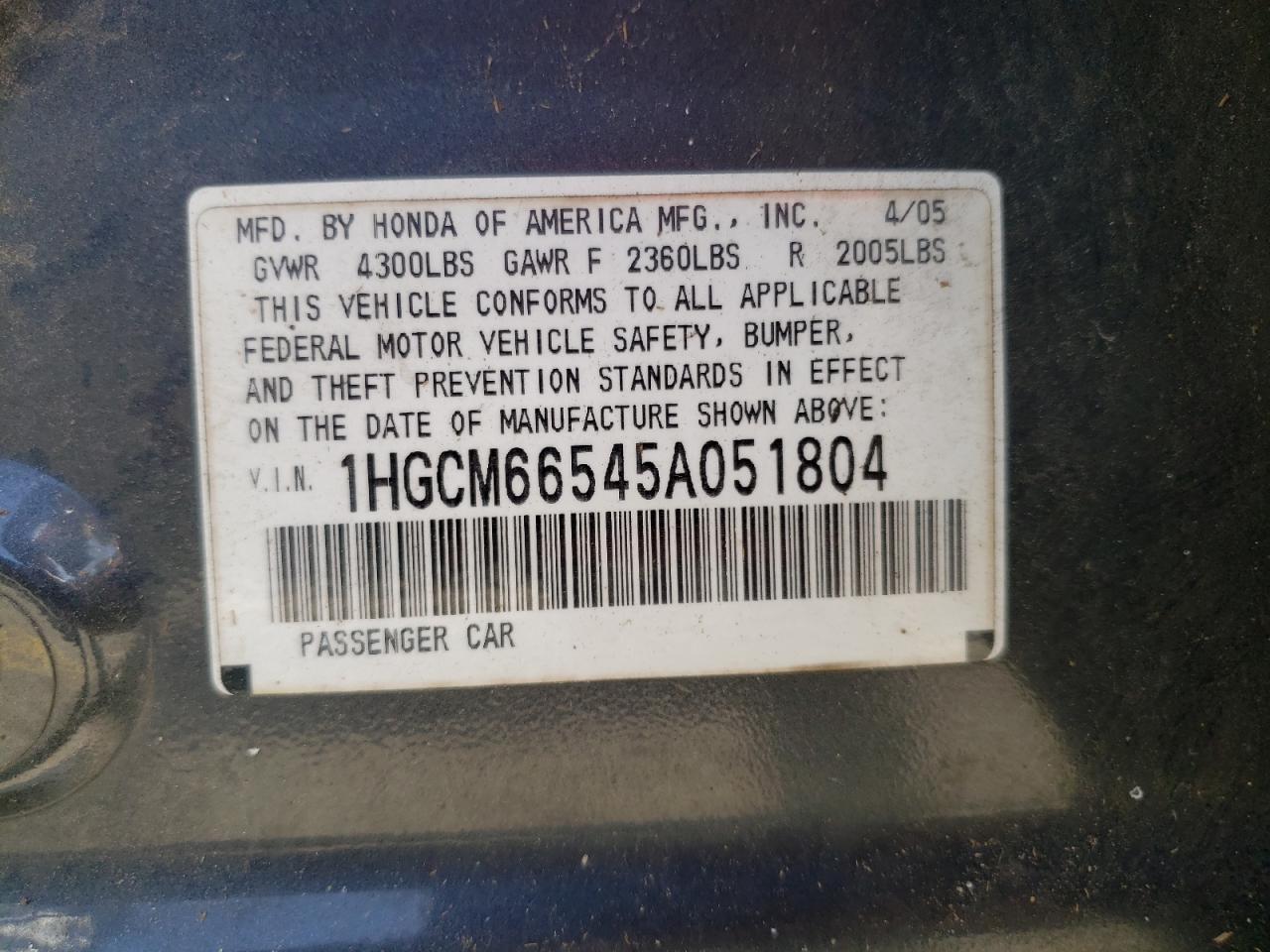 Photo 10 from auction – 2005 HONDA ACCORD EX with VIN 1HGCM66545A051804