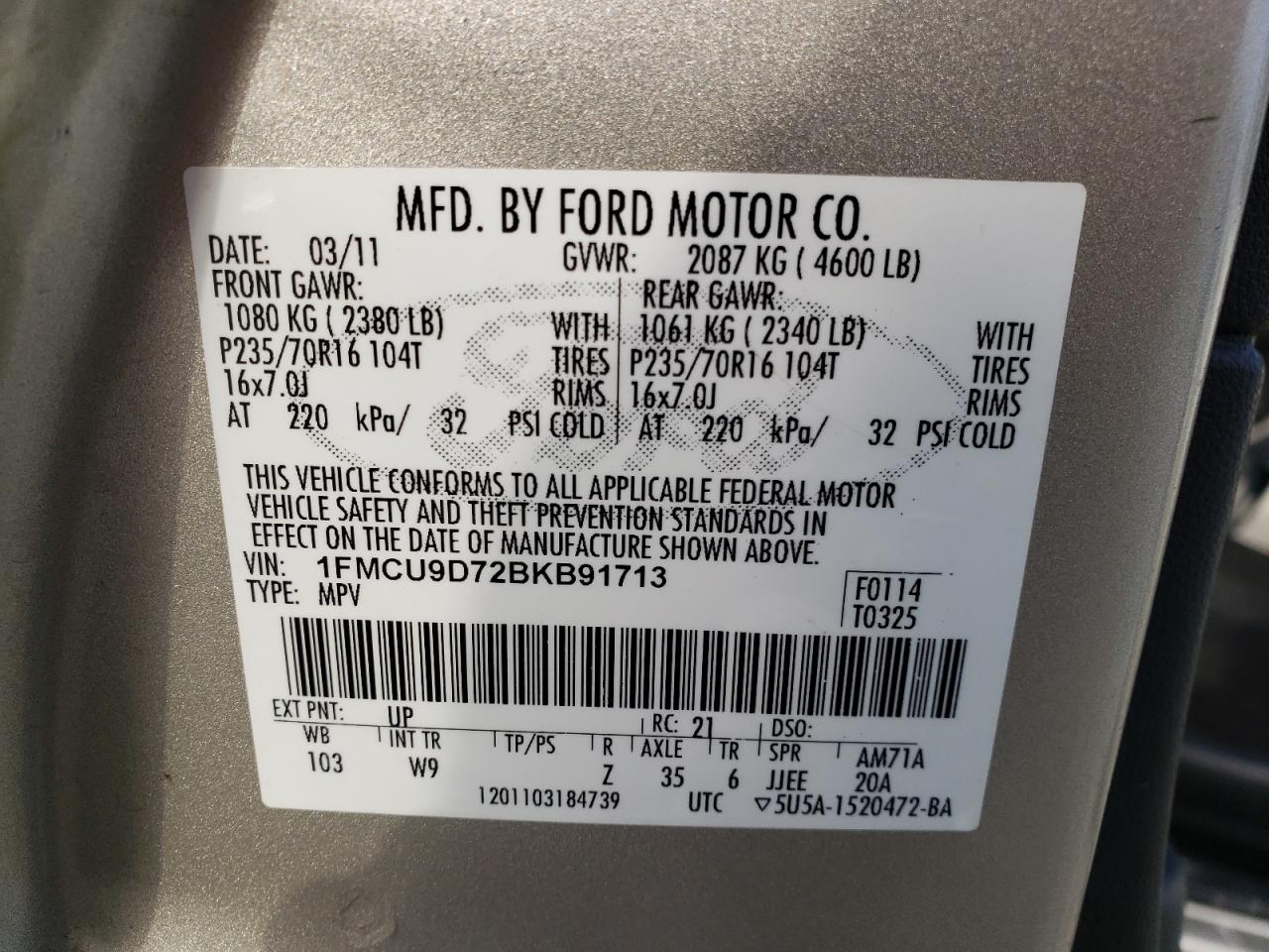 Zdjęcie 10 z aukcji – 2011 FORD ESCAPE XLT z VIN 1FMCU9D72BKB91713