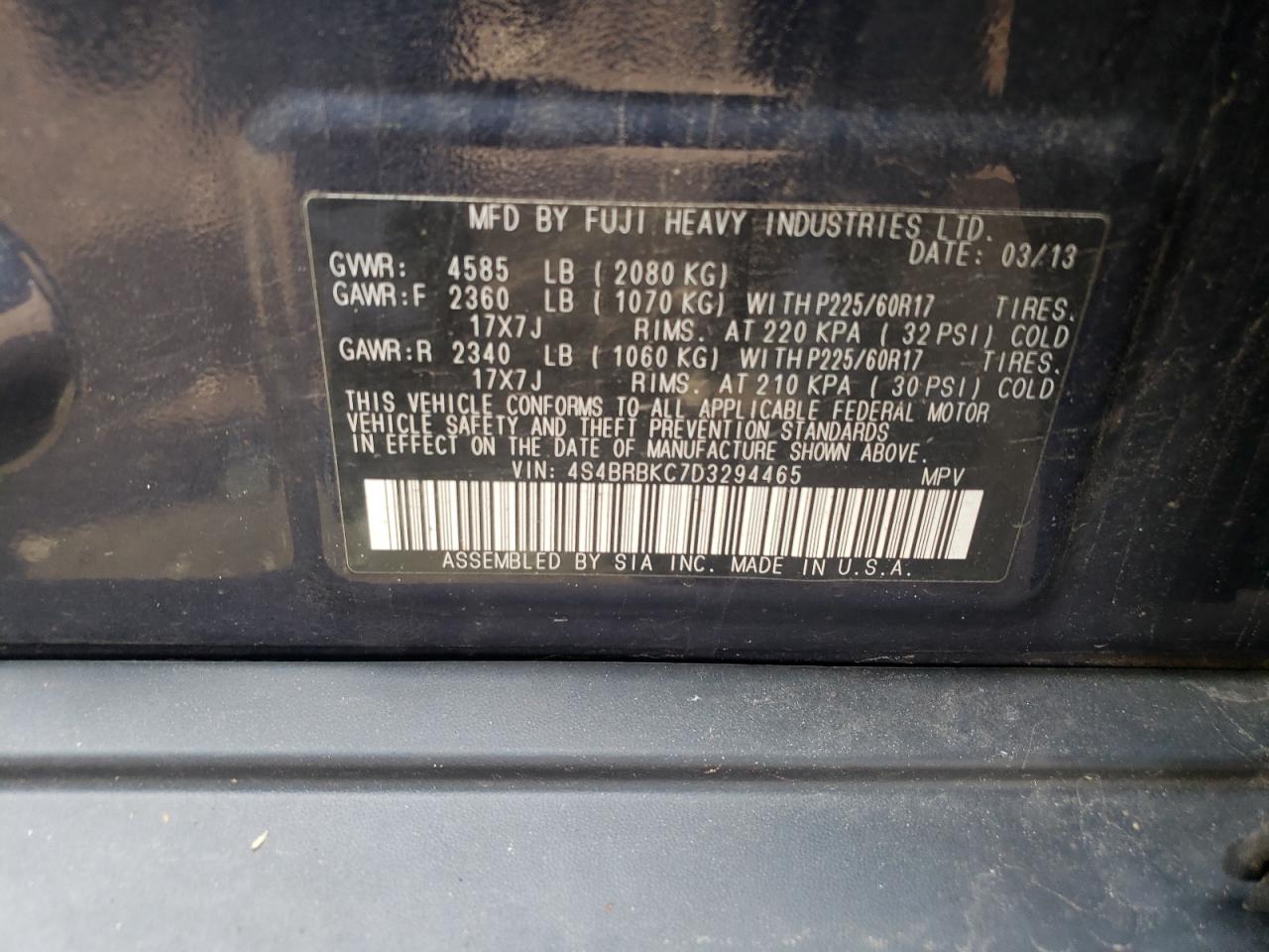 Photo 10 from auction – 2013 SUBARU OUTBACK 2. with VIN 4S4BRBKC7D3294465