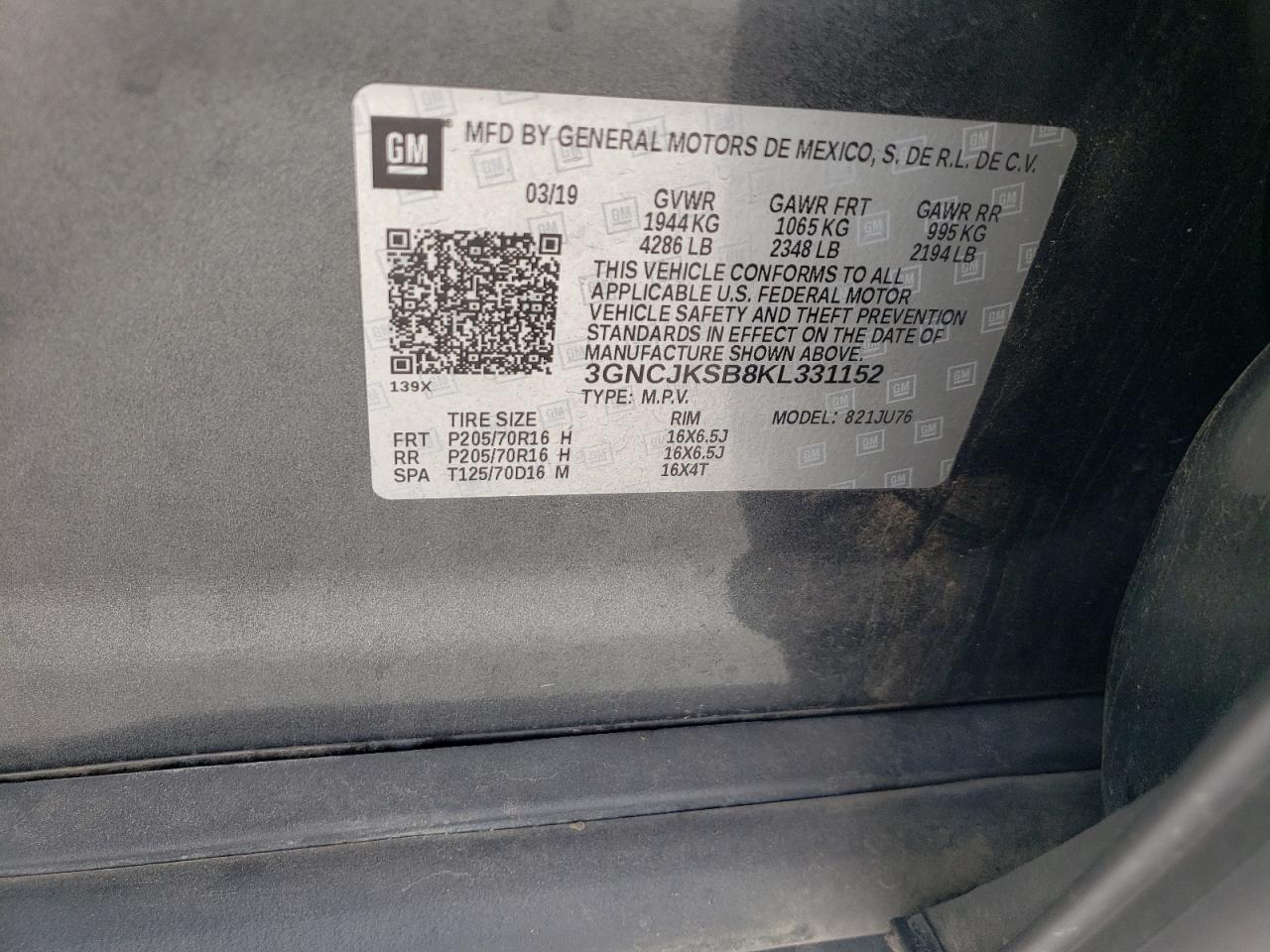 Photo 10 from auction – 2019 CHEVROLET TRAX LS with VIN 3GNCJKSB8KL331152