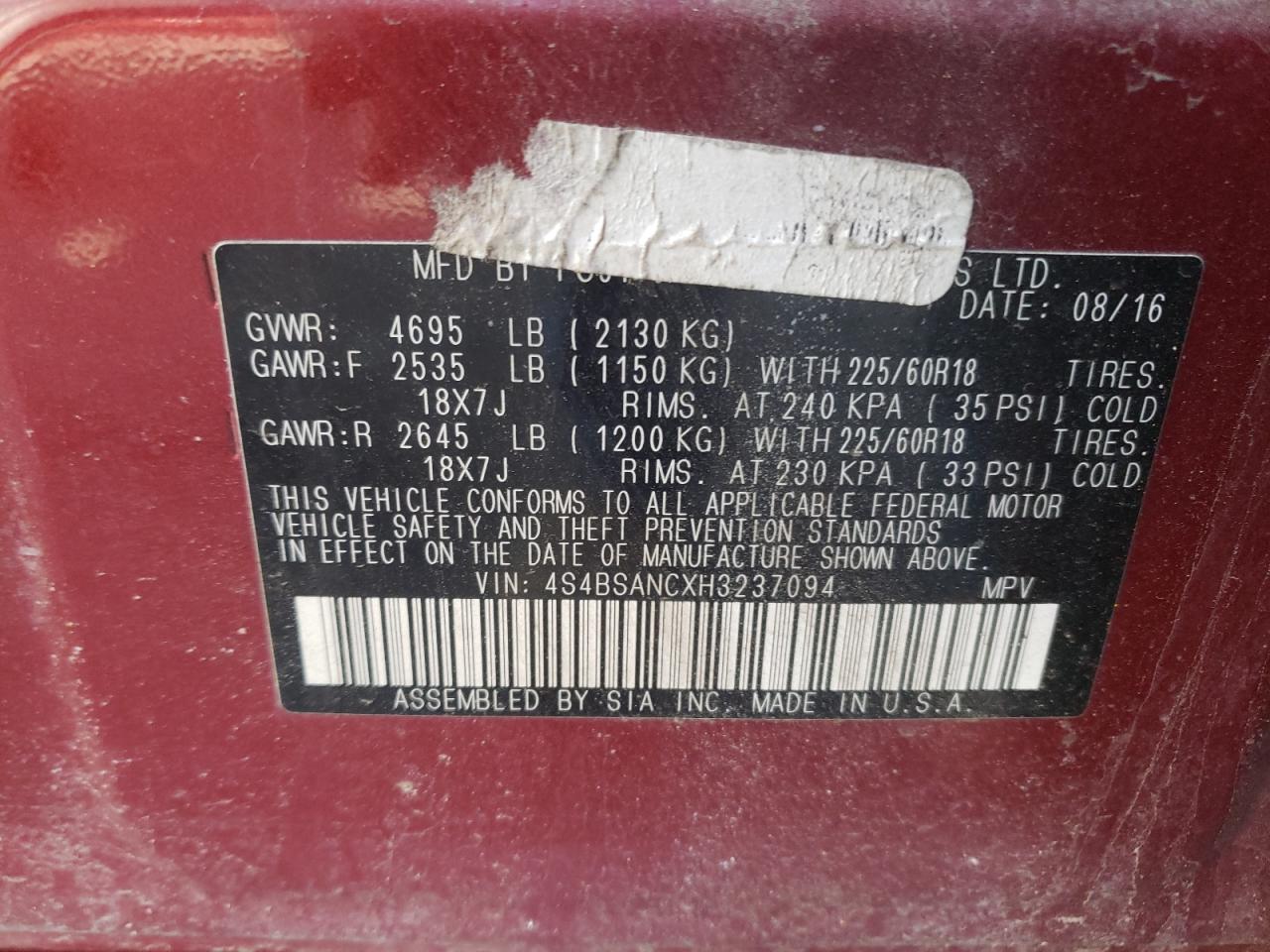 Photo 10 from auction – 2017 SUBARU OUTBACK 2. with VIN 4S4BSANCXH3237094