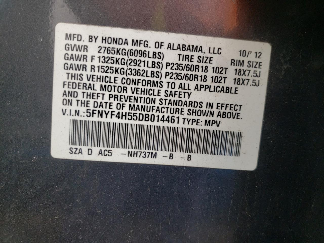 Photo 10 from auction – 2013 HONDA PILOT EXL with VIN 5FNYF4H55DB014461