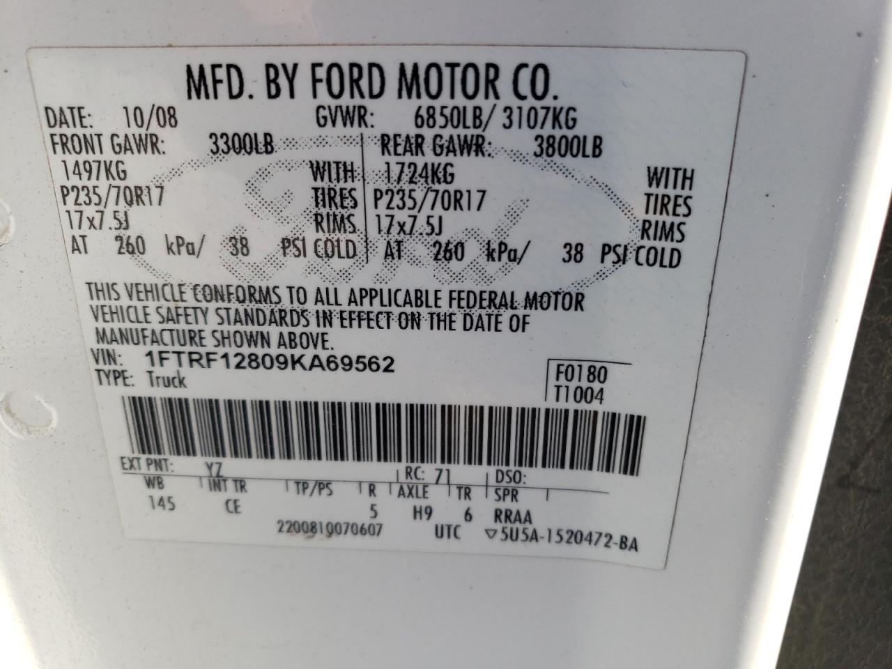 Photo 10 from auction – 2009 FORD F150 with VIN 1FTRF12809KA69562