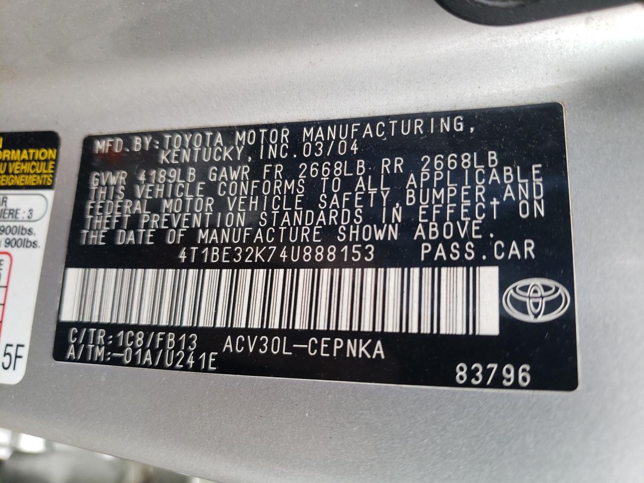 Photo 10 from auction – 2004 TOYOTA CAMRY LE with VIN 4T1BE32K74U888153