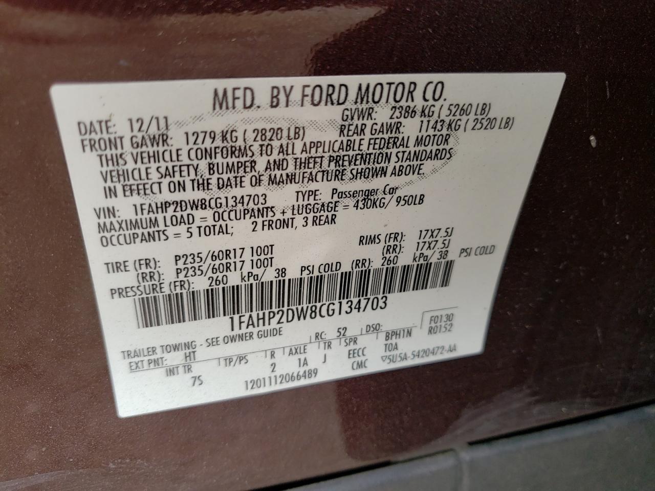Photo 10 from auction – 2012 FORD TAURUS SE with VIN 1FAHP2DW8CG134703