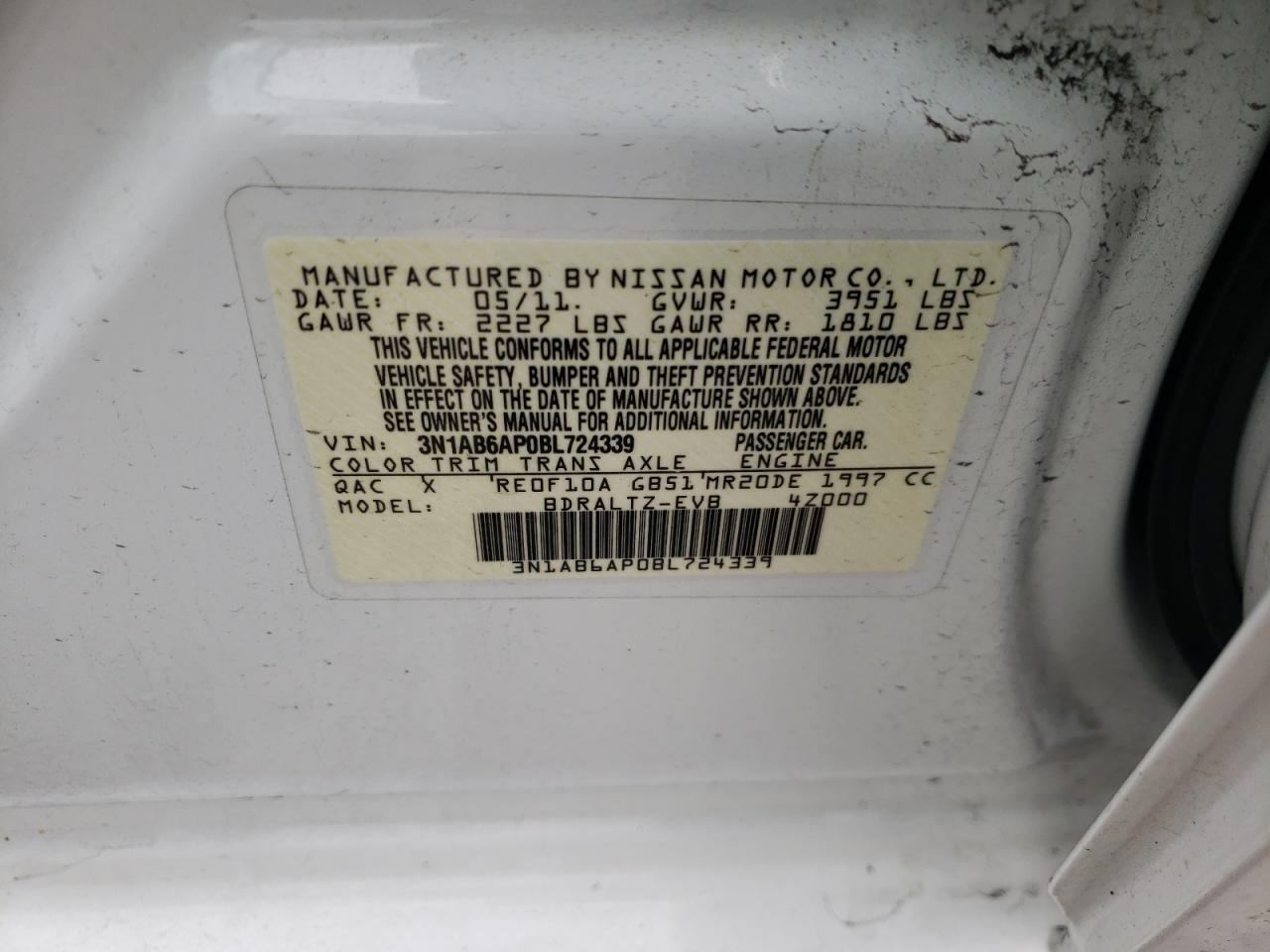 Photo 10 from auction – 2011 NISSAN SENTRA 2.0 with VIN 3N1AB6AP0BL724339