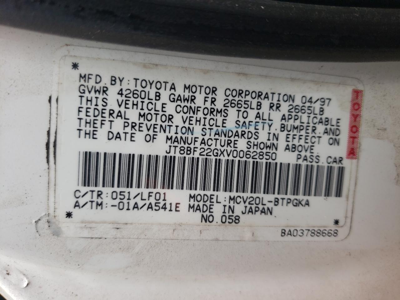 Photo 10 from auction – 1997 LEXUS ES 300 with VIN JT8BF22GXV0062850