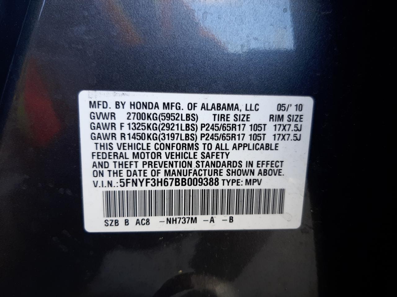 Photo 10 from auction – 2011 HONDA PILOT EXL with VIN 5FNYF3H67BB009388