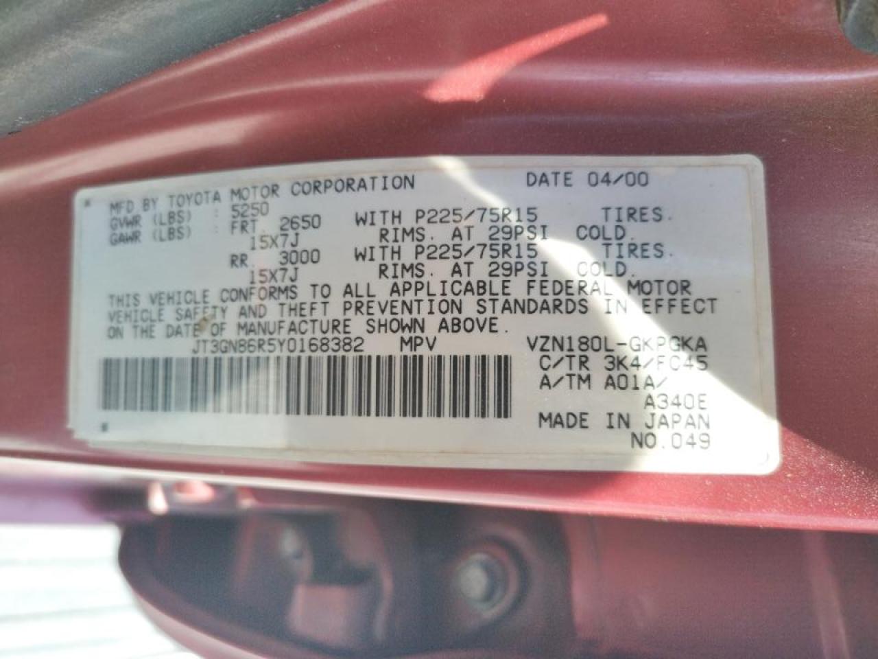 Photo 10 from auction – 2000 TOYOTA 4RUNNER SR with VIN JT3GN86R5Y0168382