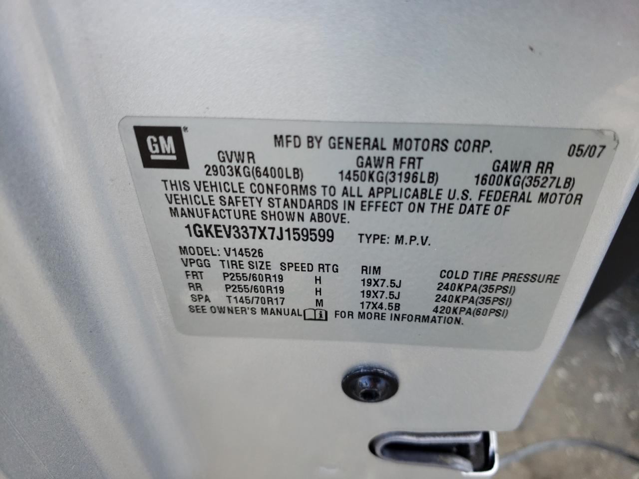 Photo 10 from auction – 2007 GMC ACADIA SLT with VIN 1GKEV337X7J159599