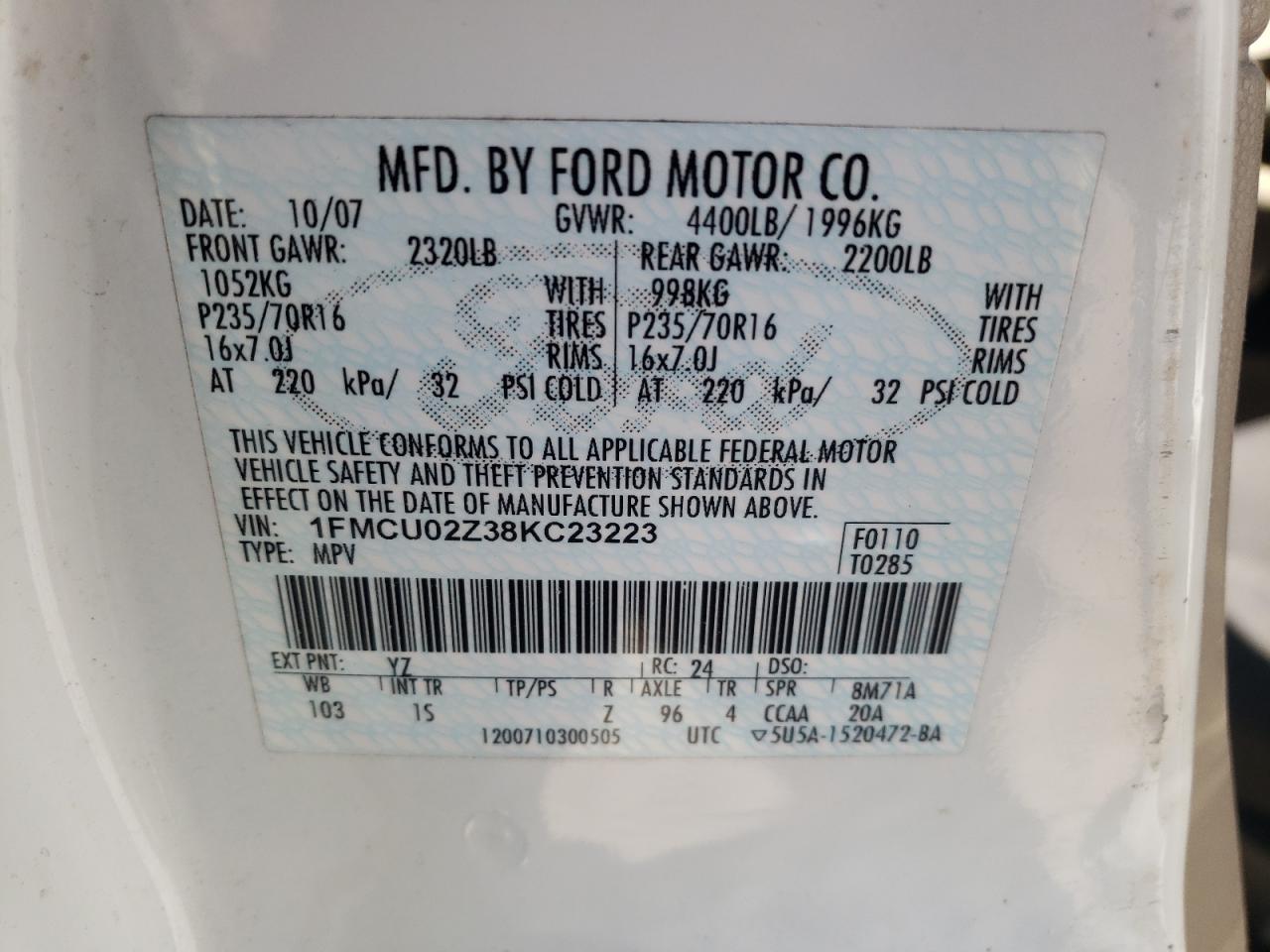 Photo 10 from auction – 2008 FORD ESCAPE XLS with VIN 1FMCU02Z38KC23223