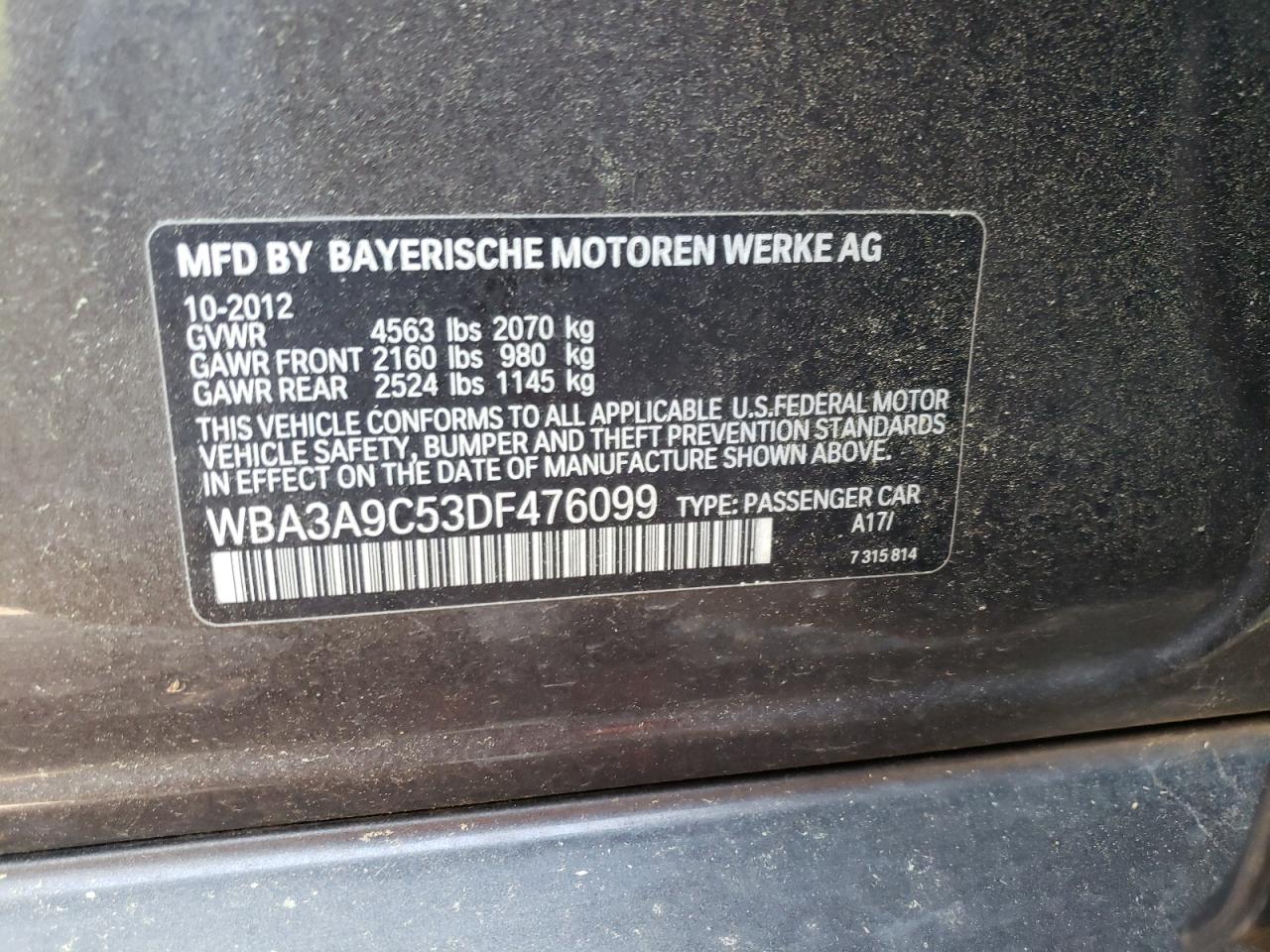 Photo 10 from auction – 2013 BMW 335 I with VIN WBA3A9C53DF476099