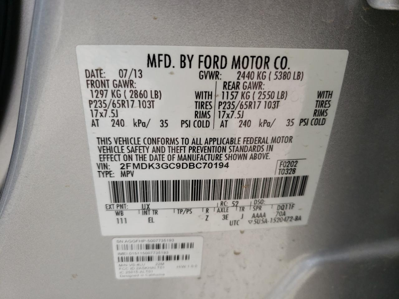 Photo 10 from auction – 2013 FORD EDGE SE with VIN 2FMDK3GC9DBC70194