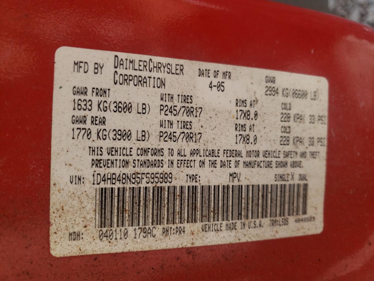 Photo 10 from auction – 2005 DODGE DURANGO SL with VIN 1D4HB48N95F595989