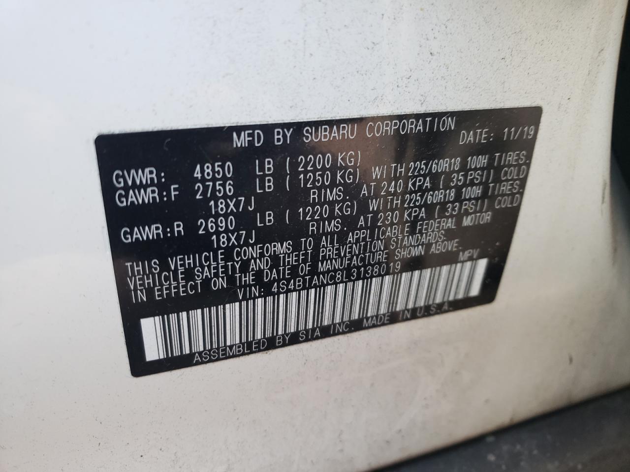 Photo 10 from auction – 2020 SUBARU OUTBACK LI with VIN 4S4BTANC8L3138019