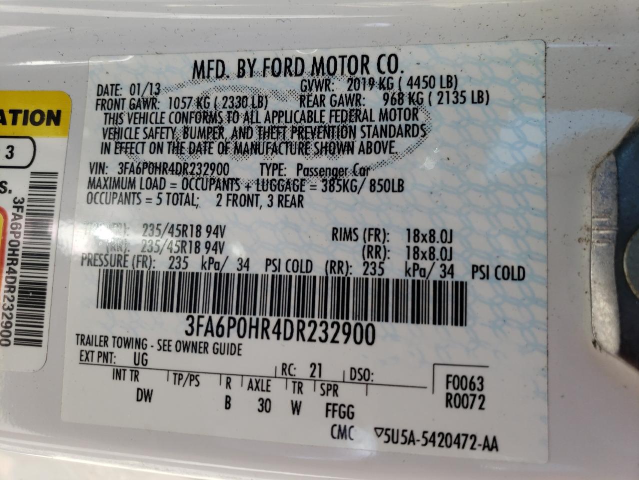 Photo 10 from auction – 2013 FORD FUSION SE with VIN 3FA6P0HR4DR232900