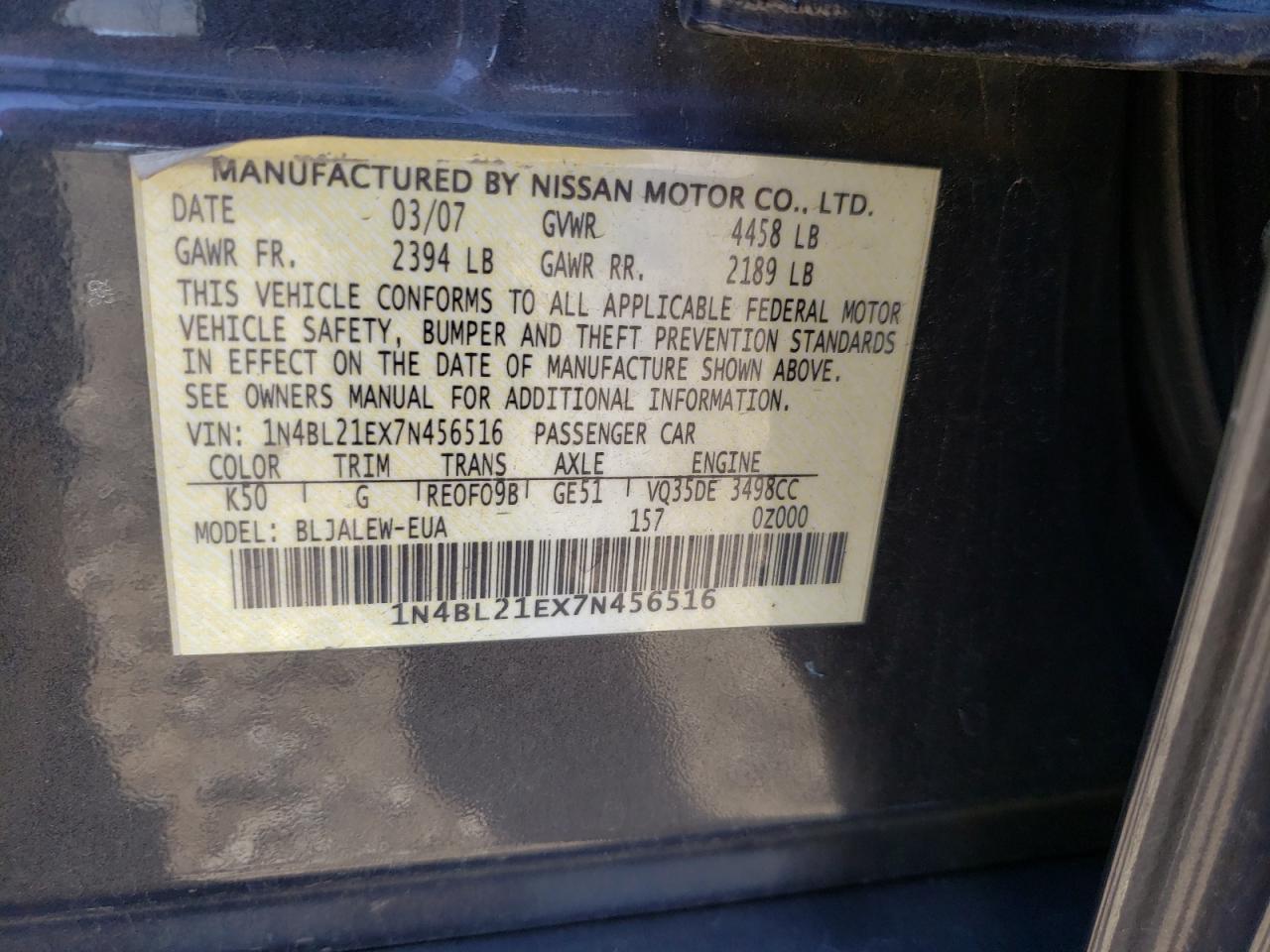 Photo 10 from auction – 2007 NISSAN ALTIMA 3.5 with VIN 1N4BL21EX7N456516