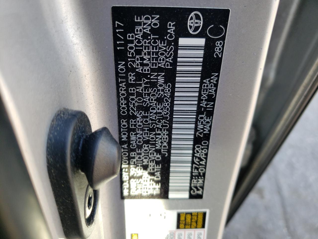 Photo 10 from auction – 2018 TOYOTA PRIUS with VIN JTDKBRFU7J3582485