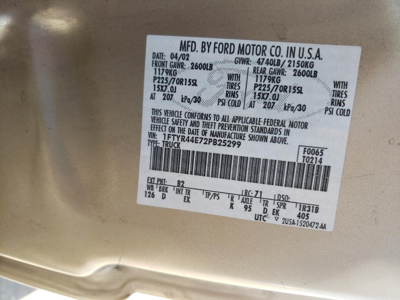 Photo 10 from auction – 2002 FORD RANGER SUP with VIN 1FTYR44E72PB25299