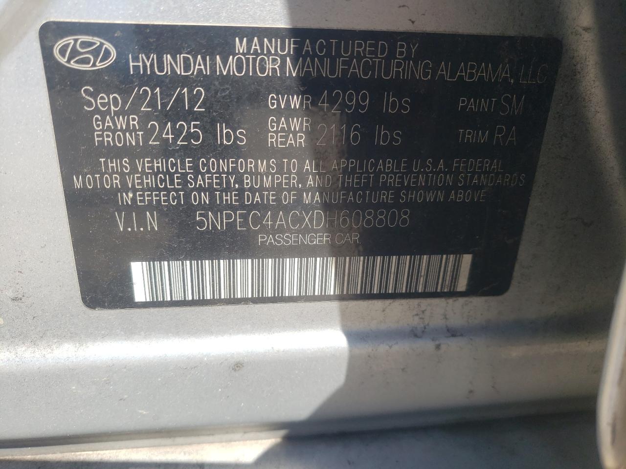 Photo 10 from auction – 2013 HYUNDAI SONATA SE with VIN 5NPEC4ACXDH608808