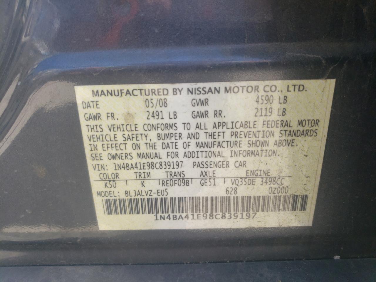 Foto 10 de la subasta – 2008 NISSAN MAXIMA SE con VIN 1N4BA41E98C839197