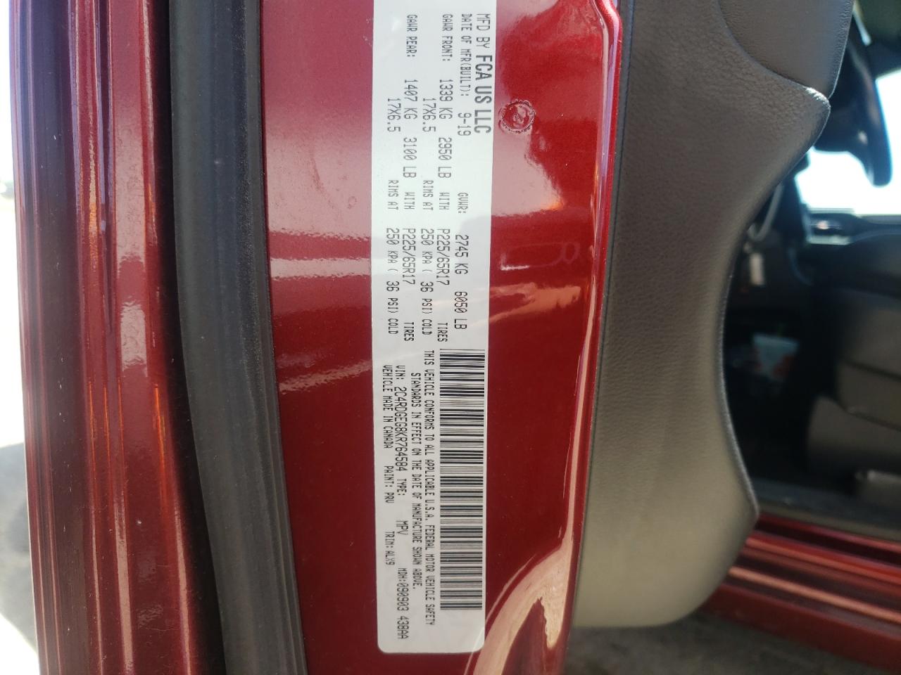 Foto 10 de la subasta – 2019 DODGE GRAND CARA con VIN 2C4RDGEG8KR764584