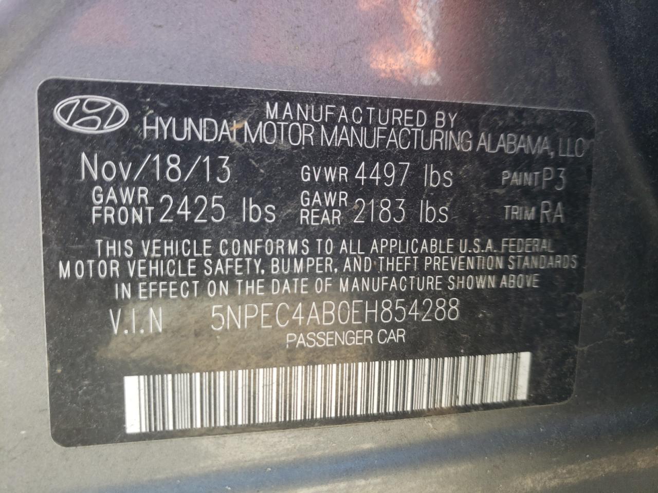 Photo 10 from auction – 2014 HYUNDAI SONATA SE with VIN 5NPEC4AB0EH854288