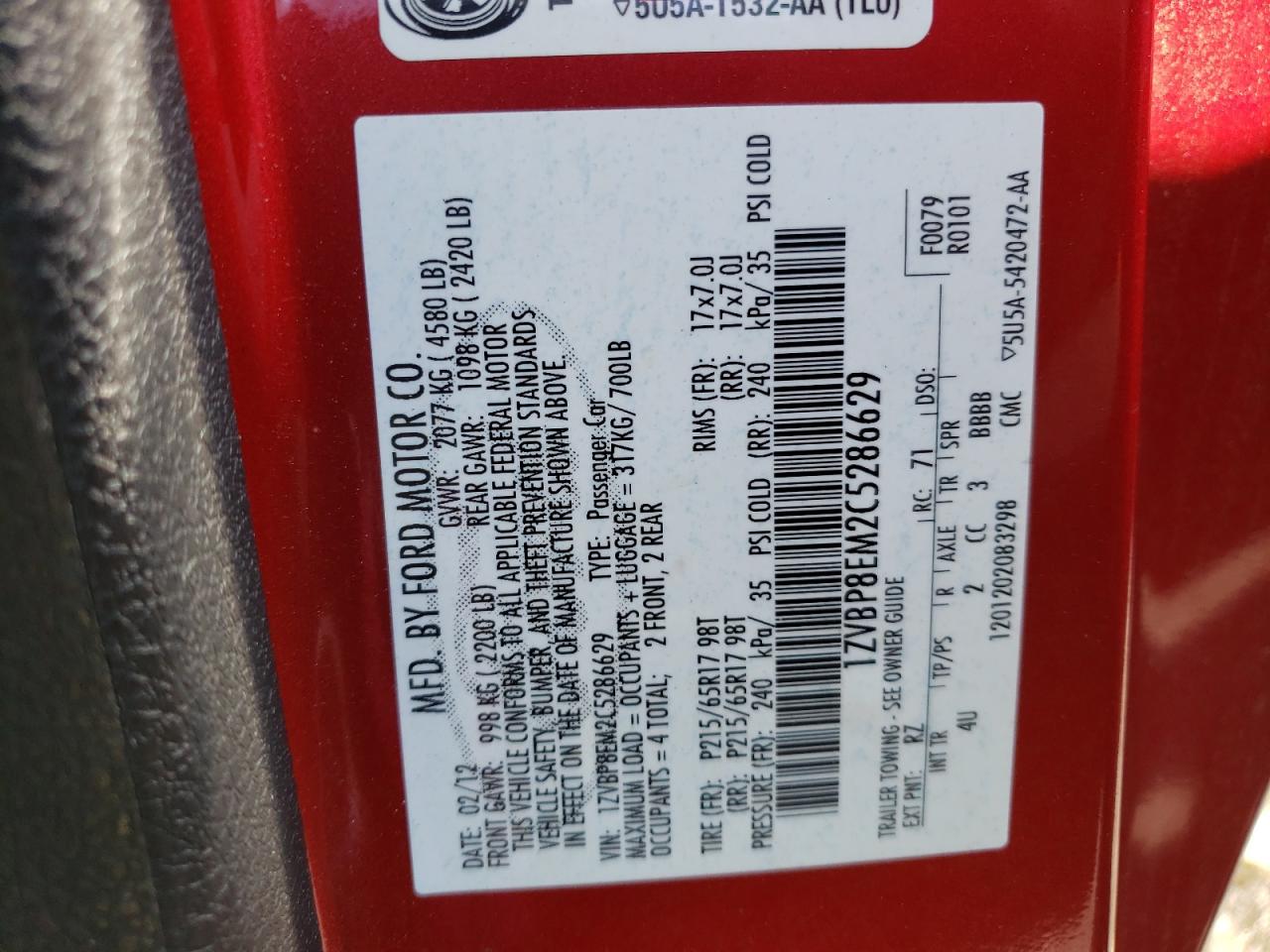 Photo 10 from auction – 2012 FORD MUSTANG with VIN 1ZVBP8EM2C5286629