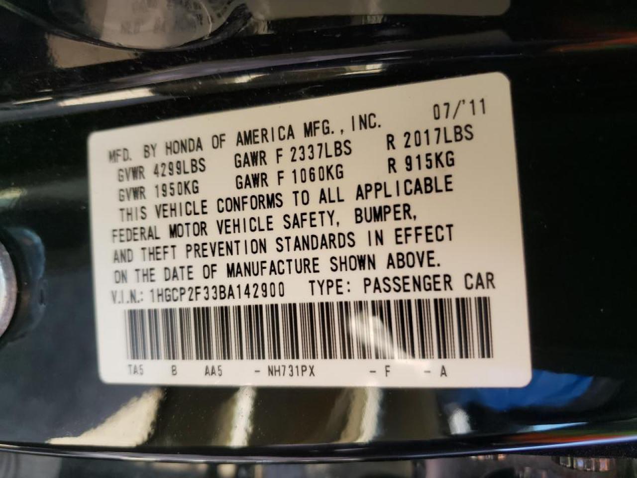 Photo 10 from auction – 2011 HONDA ACCORD LX with VIN 1HGCP2F33BA142900