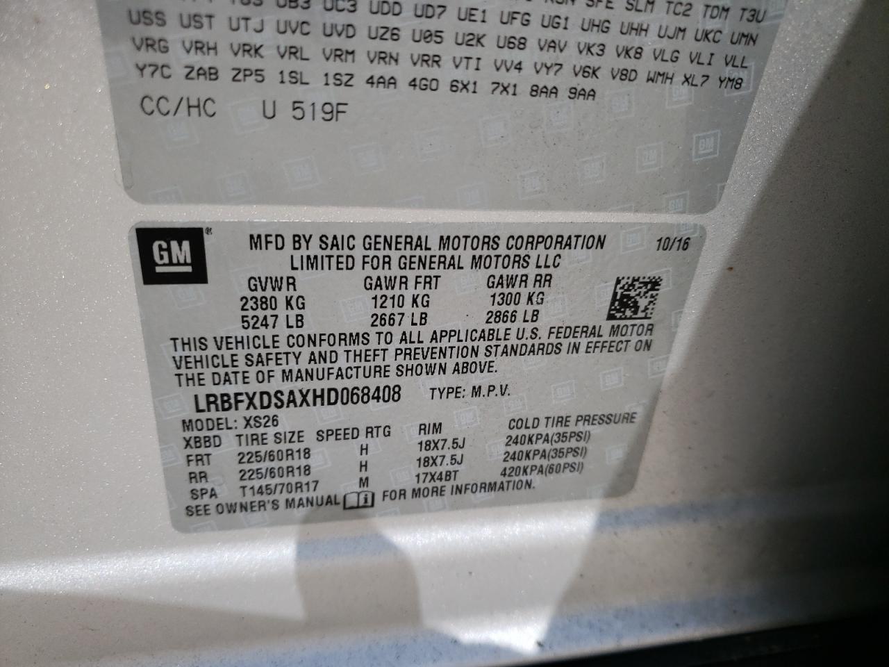 Photo 10 from auction – 2017 BUICK ENVISION E with VIN LRBFXDSAXHD068408