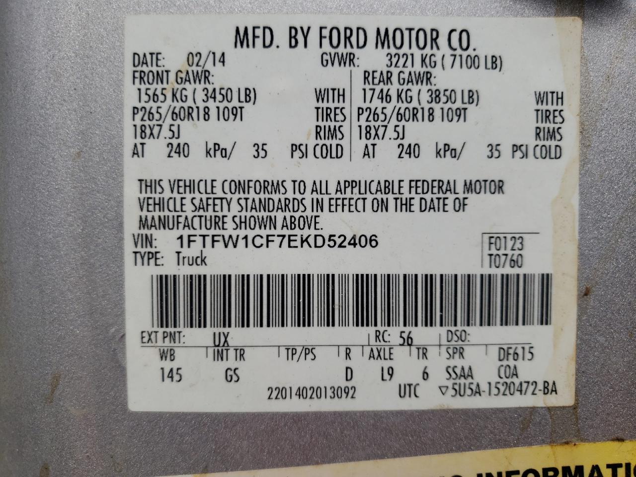 Photo 10 from auction – 2014 FORD F150 SUPER with VIN 1FTFW1CF7EKD52406