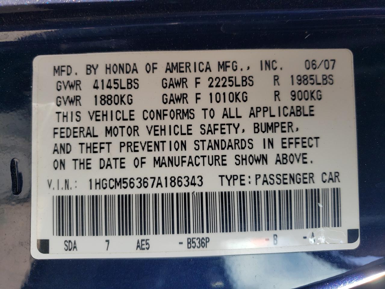 Photo 10 from auction – 2007 HONDA ACCORD with VIN 1HGCM56367A186343
