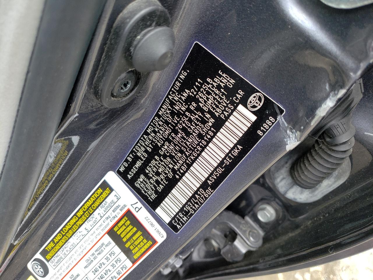 Photo 10 from auction – 2012 TOYOTA CAMRY BASE with VIN 4T4BF1FK6CR181481