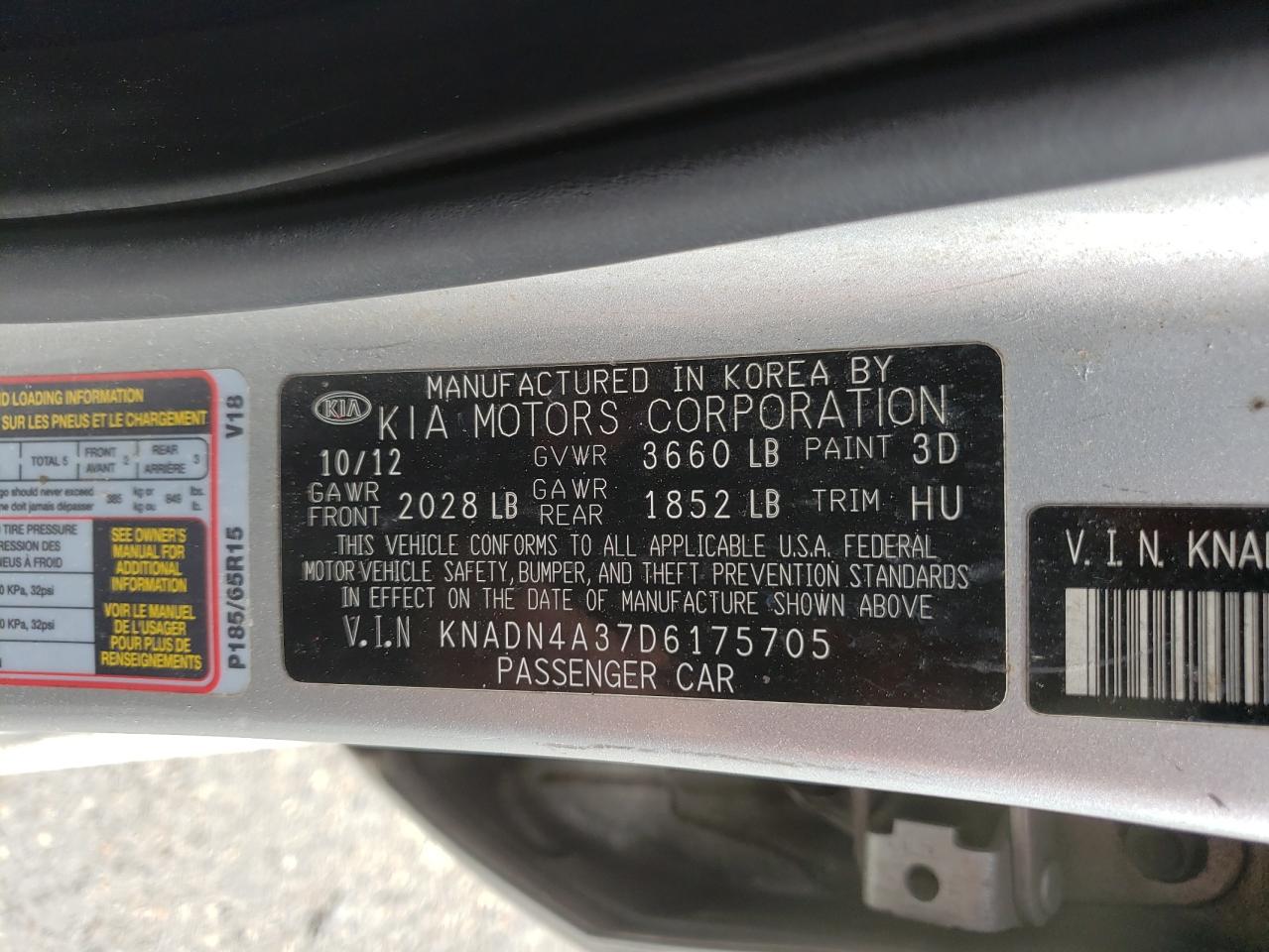 Photo 10 from auction – 2013 KIA RIO EX with VIN KNADN4A37D6175705