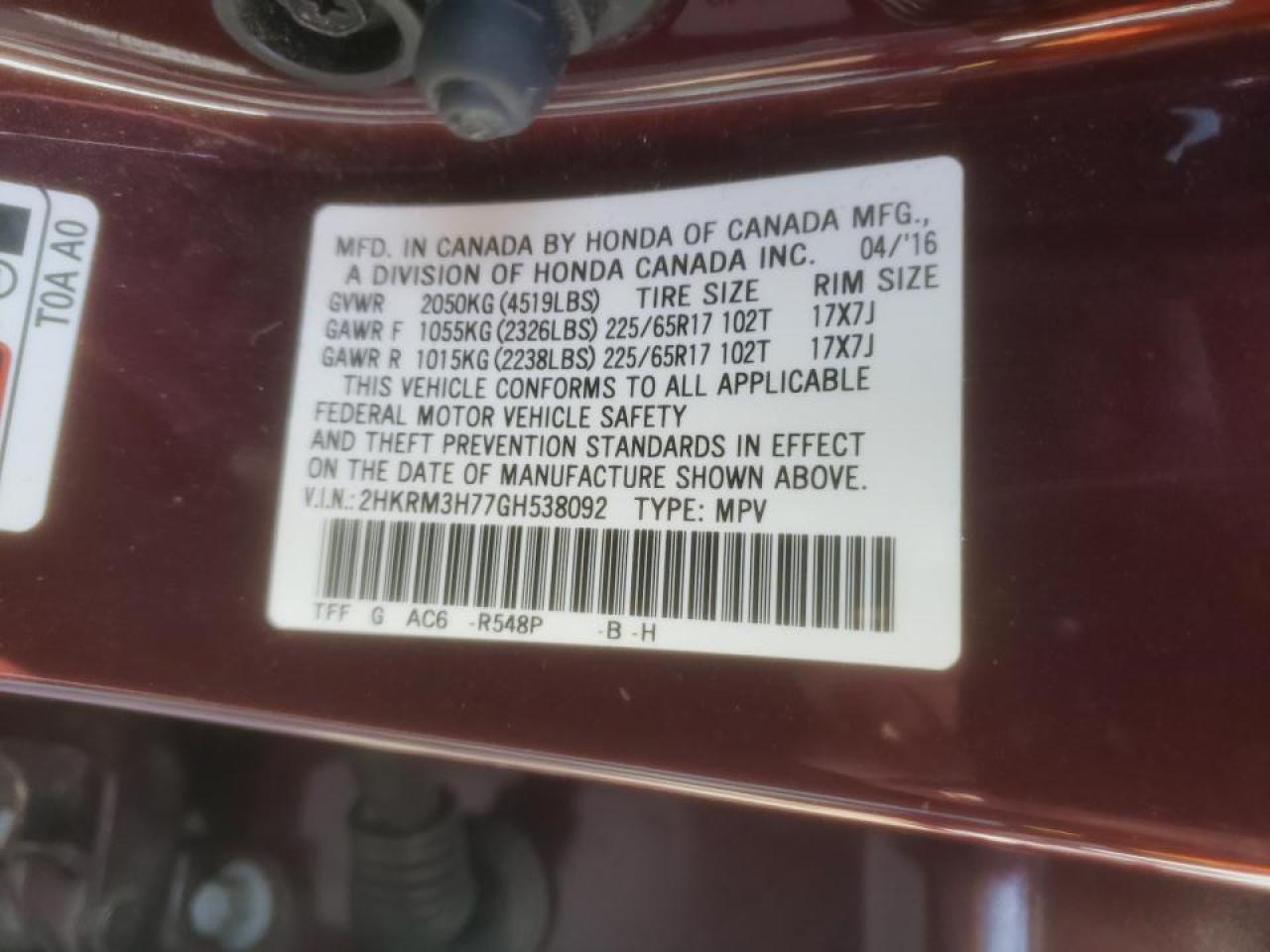 Photo 10 from auction – 2016 HONDA CR-V EXL with VIN 2HKRM3H77GH538092
